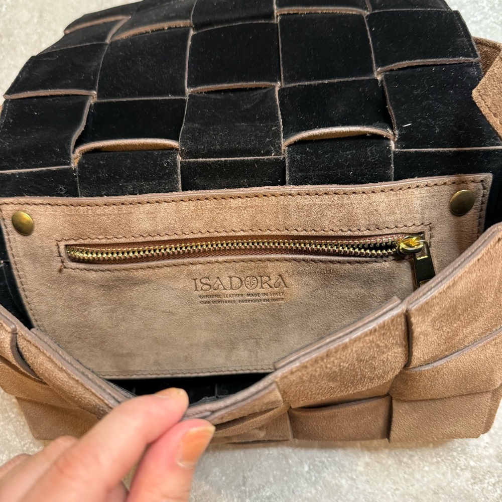 Isadora Woven Suede Leather Made in Italy Crossbody Purse in brown mousse - Picture 4 of 11